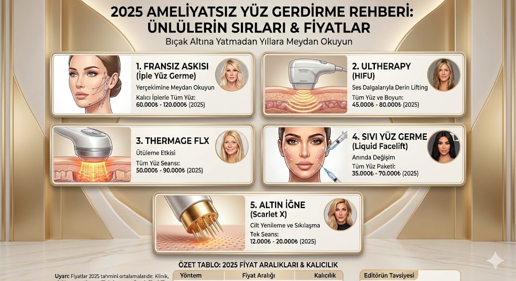 Ünlülerin Tercih Ettiği 5 Ameliyatsız Yüz Gerdirme Yöntemi ve 2025 Fiyatları